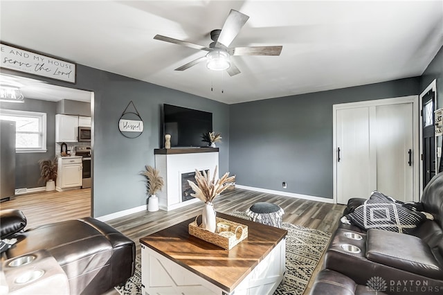 living room with hardwood / wood-style floors and ceiling fan