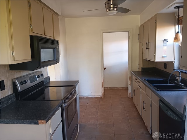 kitchen featuring tile patterned floors, black appliances, sink, ceiling fan, and backsplash