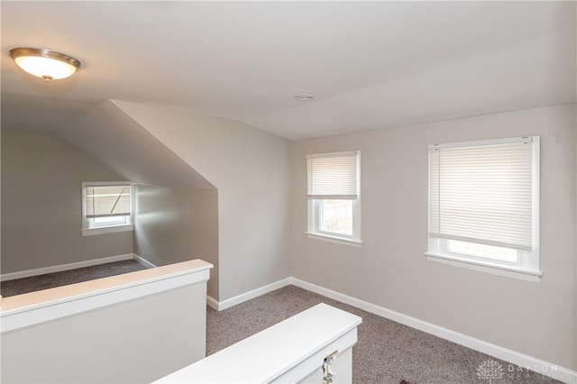 hallway with carpet floors, a wealth of natural light, and vaulted ceiling