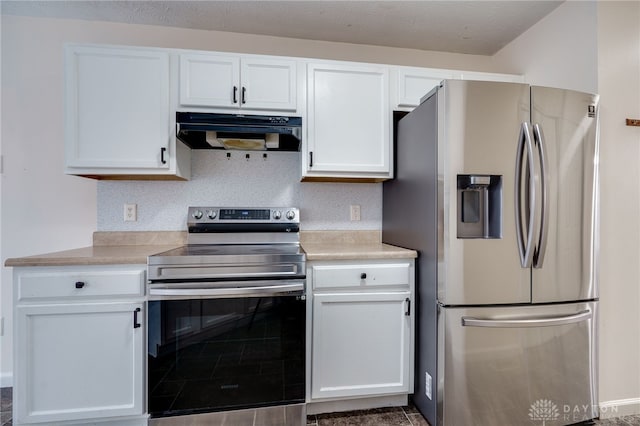 kitchen featuring under cabinet range hood, white cabinetry, appliances with stainless steel finishes, and light countertops