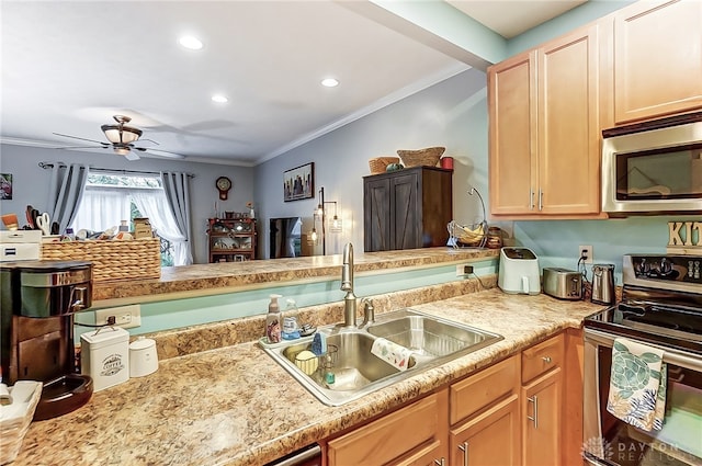 kitchen featuring sink, ceiling fan, crown molding, light brown cabinets, and appliances with stainless steel finishes