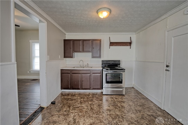 kitchen with dark hardwood / wood-style flooring, electric stove, sink, and dark brown cabinetry