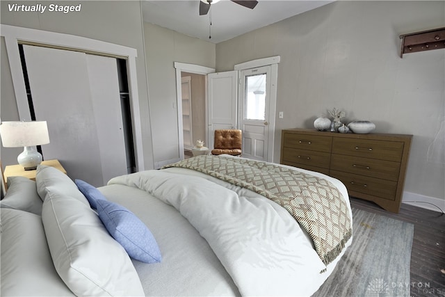 bedroom with a closet, wood-type flooring, and ceiling fan