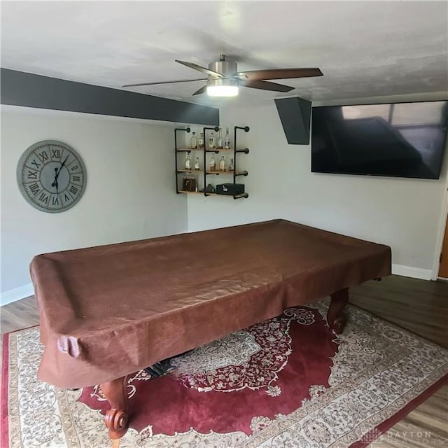 rec room with baseboards, billiards, a ceiling fan, and wood finished floors