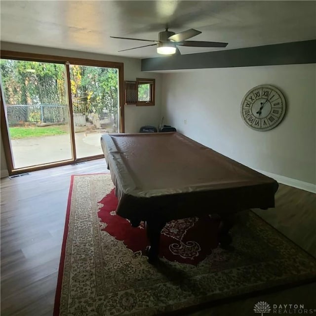 playroom featuring billiards, visible vents, baseboards, a ceiling fan, and wood finished floors