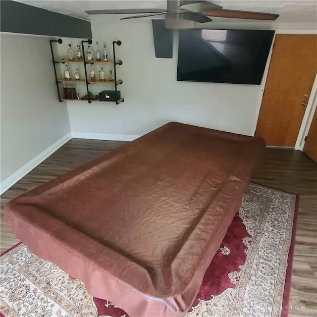 interior space with baseboards, a ceiling fan, and wood finished floors