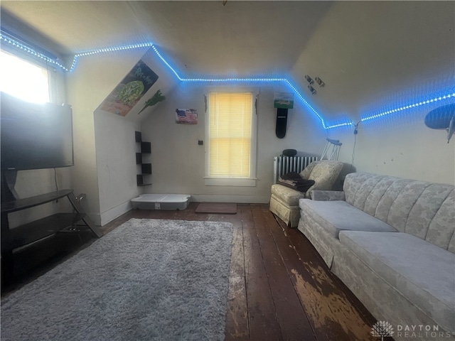 additional living space with dark wood-type flooring, radiator, and vaulted ceiling