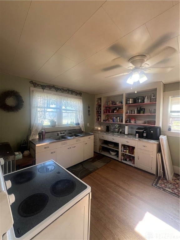 kitchen with white cabinets, dark hardwood / wood-style floors, sink, and white stove