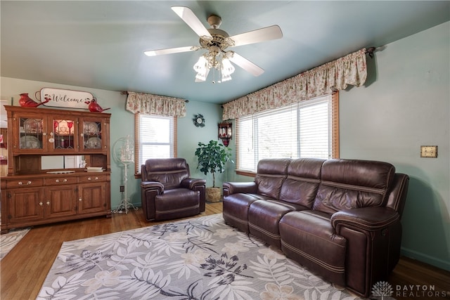 living room with ceiling fan and wood-type flooring