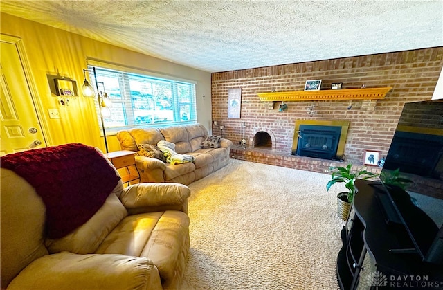 carpeted living room featuring a fireplace and a textured ceiling