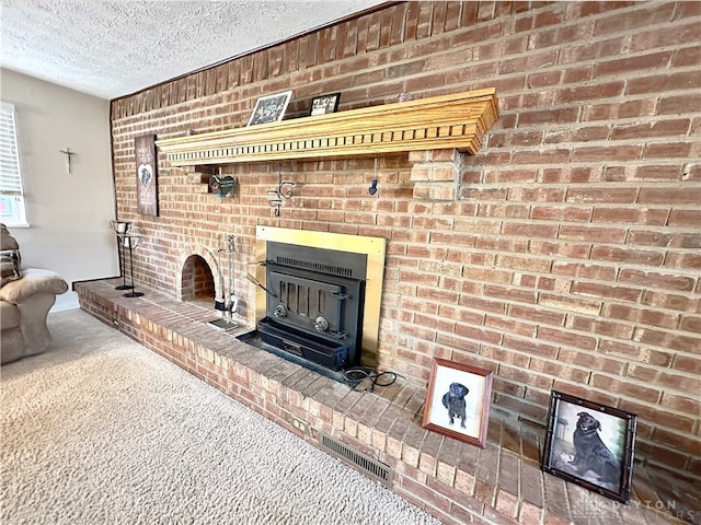 interior details featuring carpet floors and a textured ceiling