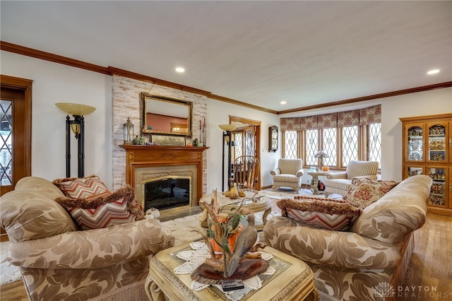 living room with ornamental molding, hardwood / wood-style floors, and a large fireplace