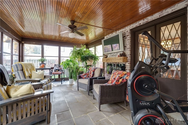 sunroom featuring ceiling fan and wood ceiling