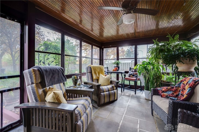 sunroom / solarium featuring wooden ceiling, ceiling fan, and plenty of natural light