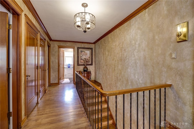 corridor with ornamental molding, light wood-type flooring, and a chandelier