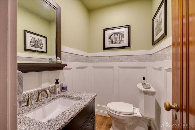 bathroom featuring toilet, vanity, and wood-type flooring