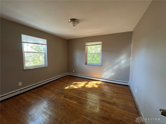 unfurnished room featuring dark wood-type flooring and a baseboard radiator