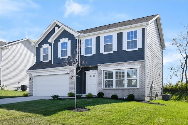 view of front facade with cooling unit, brick siding, concrete driveway, and a front lawn