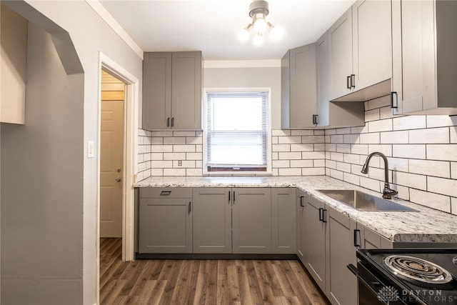 kitchen featuring dark wood-type flooring, sink, gray cabinetry, and light stone countertops