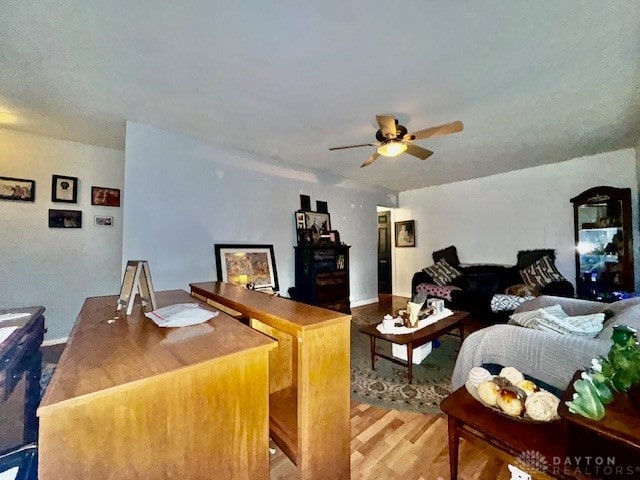 living room with hardwood / wood-style flooring and ceiling fan