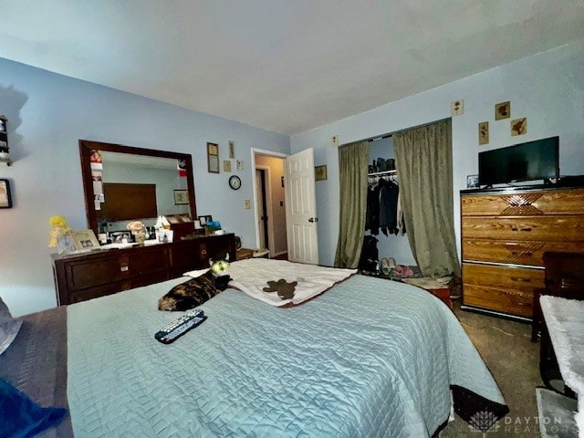 bedroom with a closet and dark colored carpet