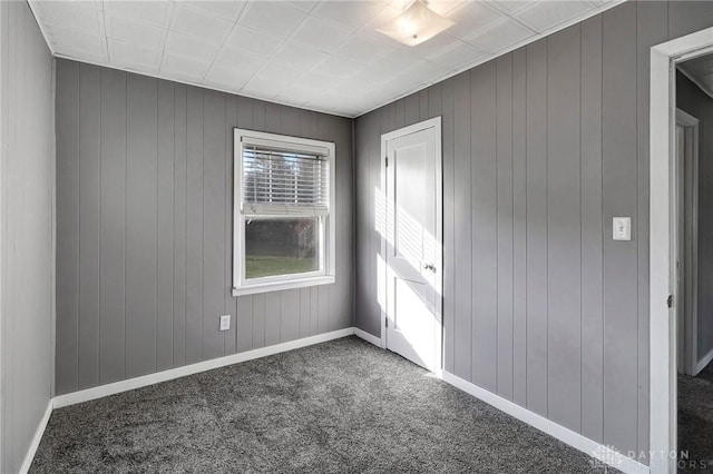 spare room featuring dark carpet and wood walls