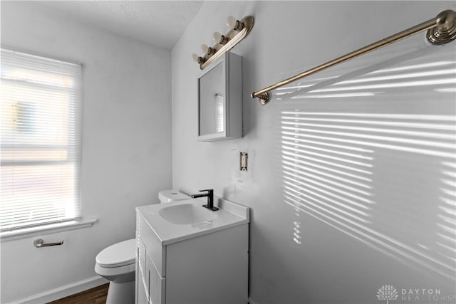 bathroom featuring a textured ceiling, vanity, wood-type flooring, and plenty of natural light