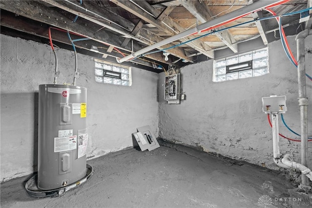 basement with electric panel and water heater