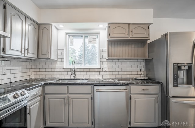 kitchen featuring backsplash, stainless steel appliances, gray cabinets, and sink