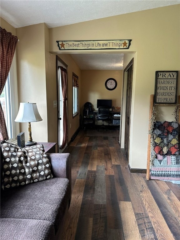 living room featuring dark hardwood / wood-style floors, a textured ceiling, and vaulted ceiling