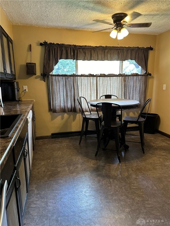 dining space featuring a wealth of natural light, a textured ceiling, and ceiling fan