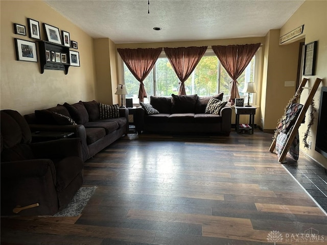 living room with dark wood-type flooring and a textured ceiling