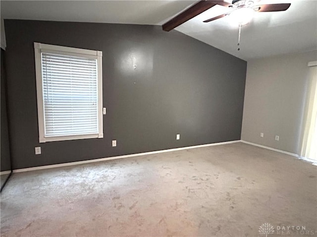 unfurnished room with carpet, lofted ceiling with beams, and ceiling fan