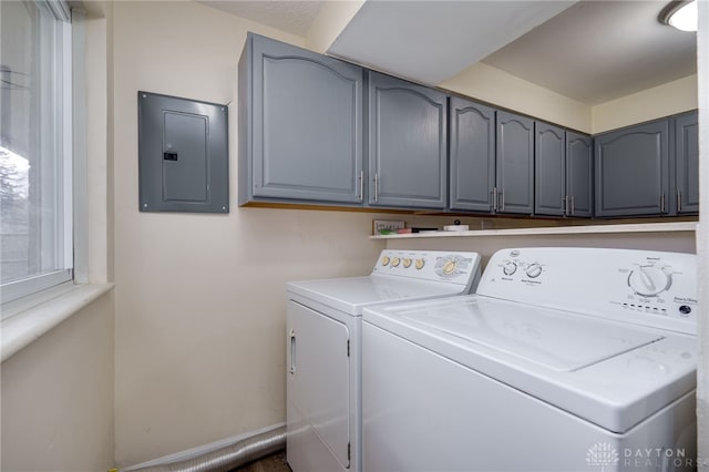 washroom featuring cabinets, independent washer and dryer, and electric panel