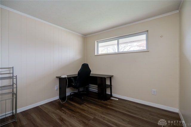 office space with crown molding, dark wood-type flooring, and wood walls