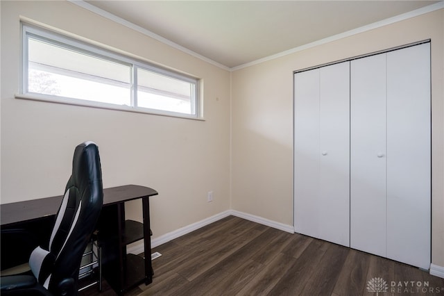 office area featuring crown molding and dark wood-type flooring