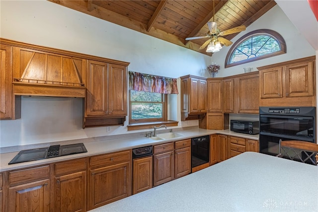 kitchen with carpet flooring, black appliances, sink, wooden ceiling, and ceiling fan