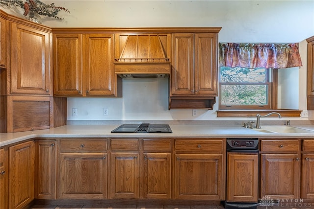 kitchen with black stovetop, sink, and premium range hood