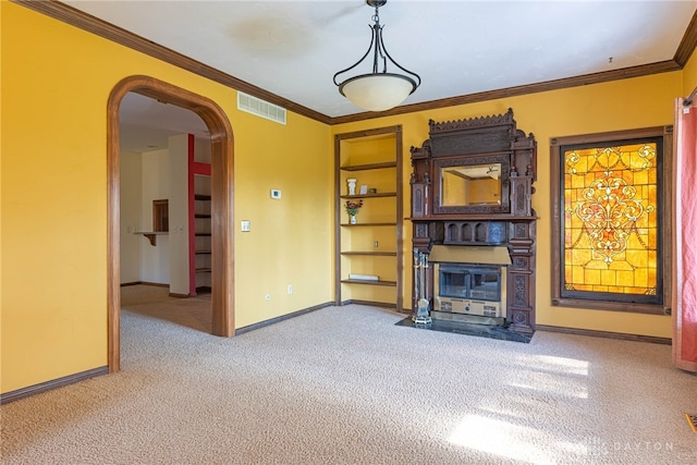 unfurnished living room with light carpet and crown molding