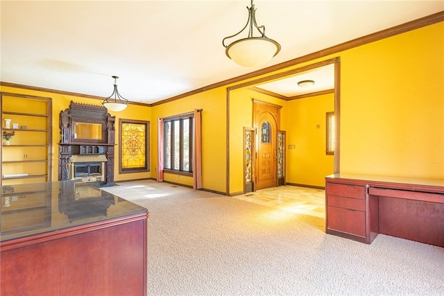 unfurnished living room with light carpet and ornamental molding