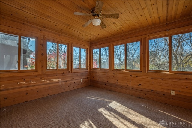 unfurnished sunroom featuring ceiling fan and wooden ceiling