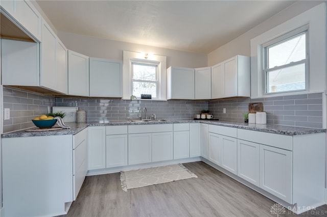 kitchen with white cabinetry, light stone countertops, sink, light hardwood / wood-style flooring, and backsplash