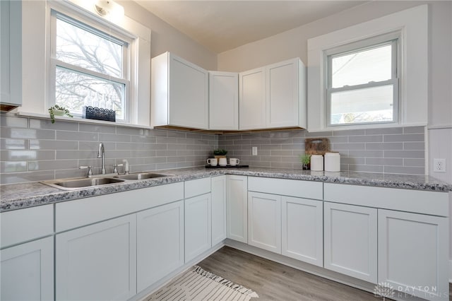 kitchen featuring plenty of natural light, light wood-type flooring, white cabinetry, and sink