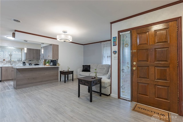 foyer entrance with ornamental molding, light wood-type flooring, and sink