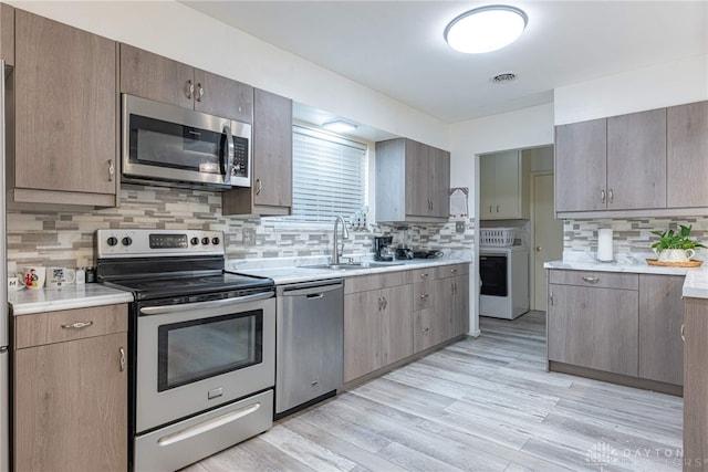 kitchen featuring stainless steel appliances, sink, light wood-type flooring, and backsplash