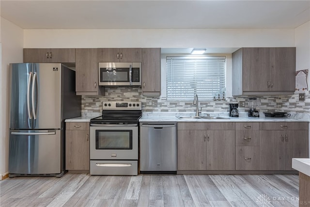 kitchen with appliances with stainless steel finishes, sink, backsplash, and light hardwood / wood-style flooring