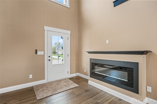 entryway featuring wood-type flooring, a towering ceiling, and plenty of natural light