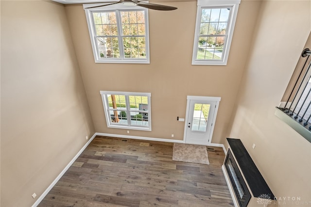 entryway featuring dark hardwood / wood-style floors and ceiling fan