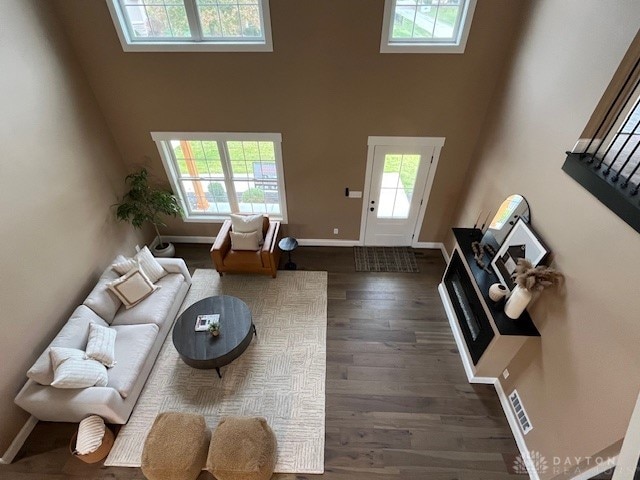 living room featuring a high ceiling and dark hardwood / wood-style floors