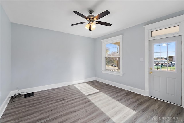 foyer with a wealth of natural light, hardwood / wood-style flooring, and ceiling fan